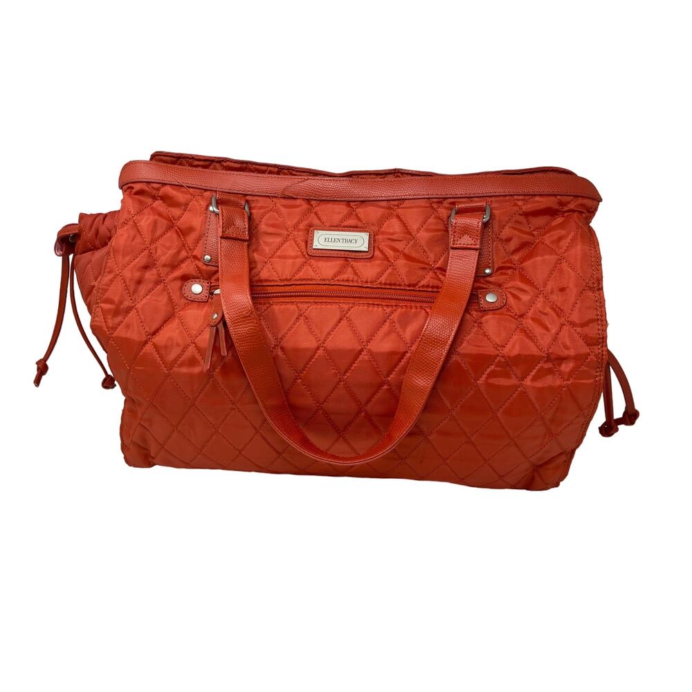 Ellen‎ Tracy Orange Quilted Weekender Bag Tote Travel Duffle Pockets Large FLAW